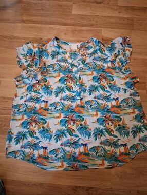 Zac & Rachel Hawaiin Tropical Print Short Sleeve Women’s Top - Blue & Orange 3x